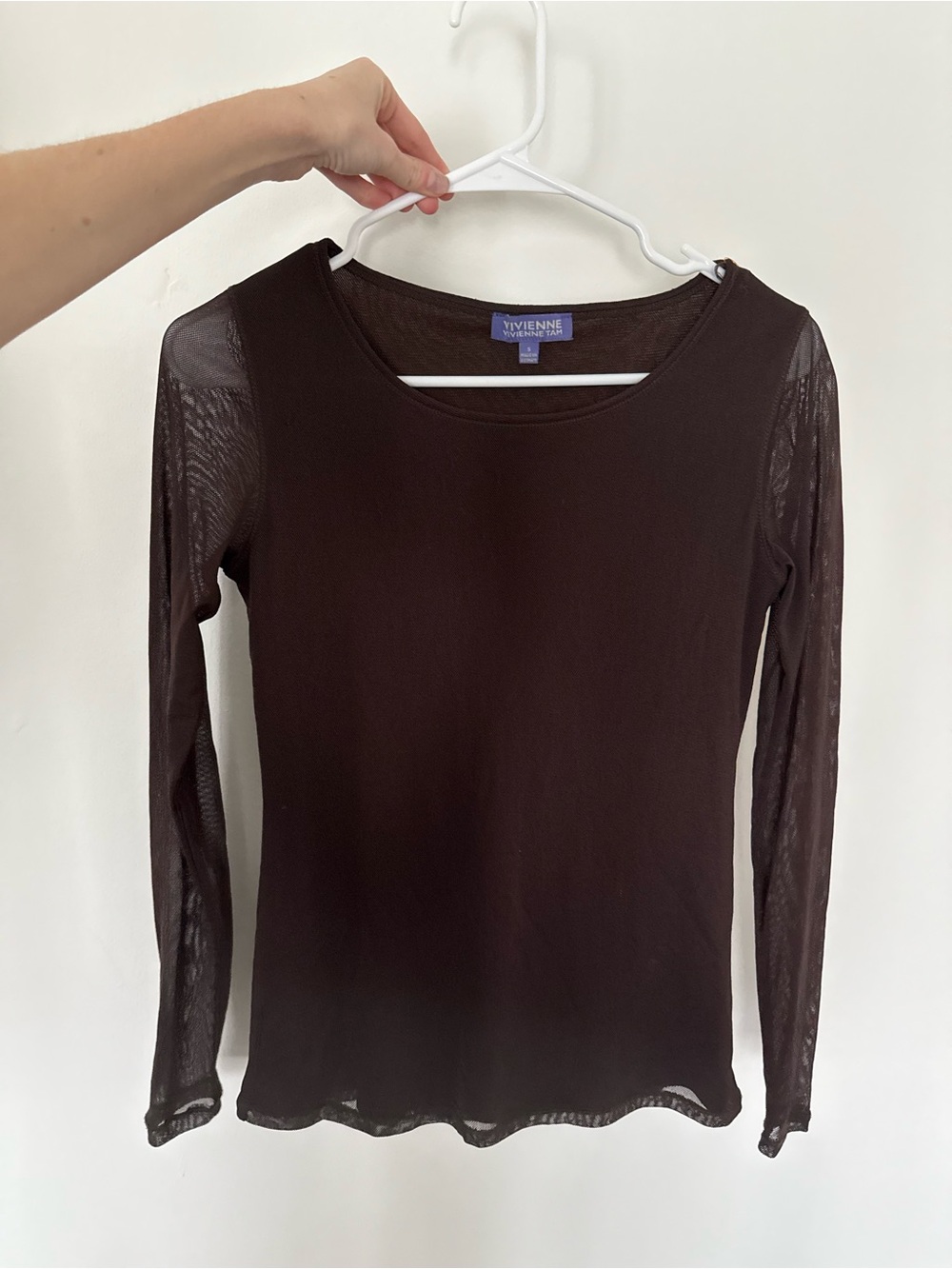 Vivienne Tam Dark Brown Sheer Long Sleeve Scoop Neck Top